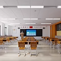 School Classroom With Wooden Desks Teacher's Platform Blackboard Windows And Bright Lighting