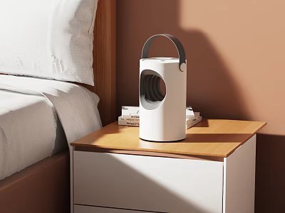White Small Appliance With Gray Handle On Wooden Nightstand By Bed White Sheets Brown Wall 3d model