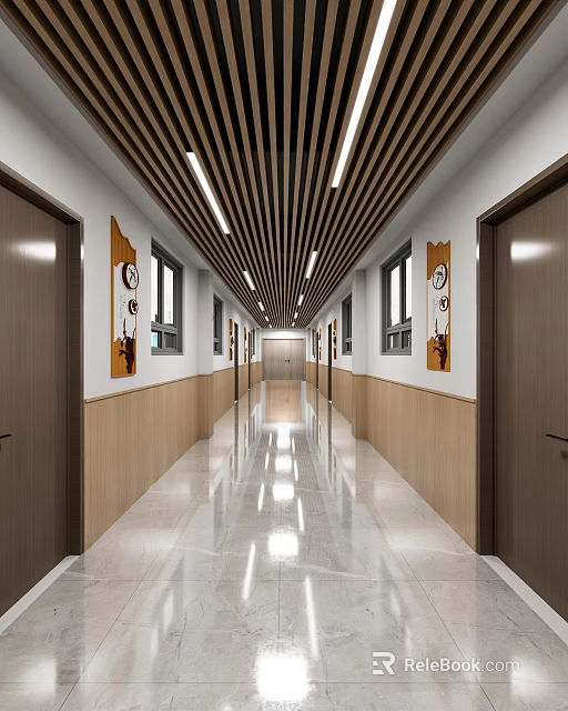 Modern Office Corridor With Linear Ceiling Lights Decorative Wall Paintings And Light Colored Floor 3d model 