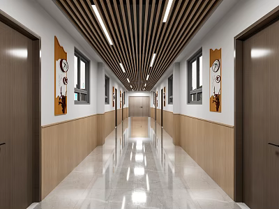 Modern Office Corridor With Linear Ceiling Lights Decorative Wall Paintings And Light Colored Floor 3d model