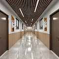 Modern Office Corridor With Linear Ceiling Lights Decorative Wall Paintings And Light Colored Floor