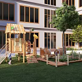 Outdoor Kids Play Area With Wooden Playhouse Slide Climbing Structure And Grass Lawn