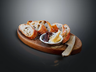 Fresh Sliced Bread Arranged On Wooden Platter With Butter And Jam 3d model