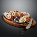 Fresh Sliced Bread Arranged On Wooden Platter With Butter And Jam