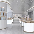 Bright Modern Display Space Interior With White Gold Podiums Curved Columns And Shelves