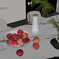 Fresh Red Apples in Glass Bowl on Marble Table with Potted Plant and Glass Bottle