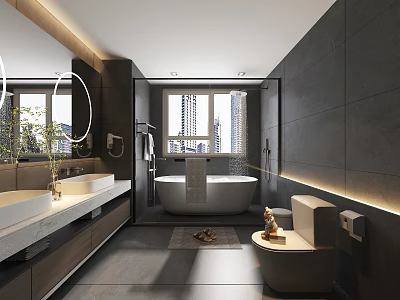 Modern Bathroom Interior With Large Window Double Vanity Round Mirror And Bathtub 3d model
