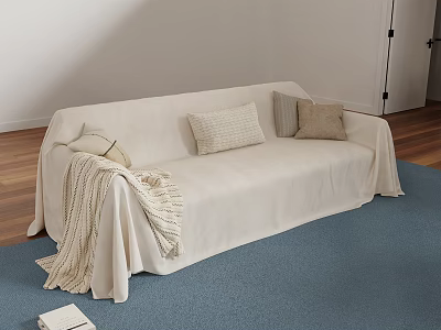 Beige Slipcovered Sectional Sofa With Cushions Blanket And Blue Rug On Wooden Floor 3d model