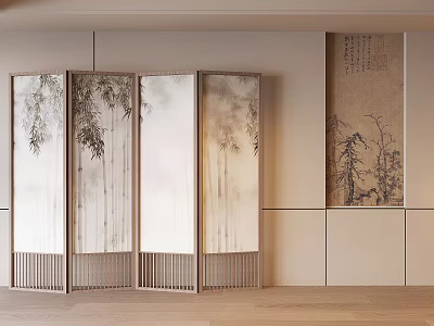 Song's Aesthetic Folding Screen Solid Wood Grille Partition Entrance New Chinese Style Decorative Painting 3d model