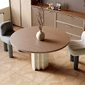 Modern Round Dining Table Set With Wooden Top White Pedestal And Two Gray Beige Chairs