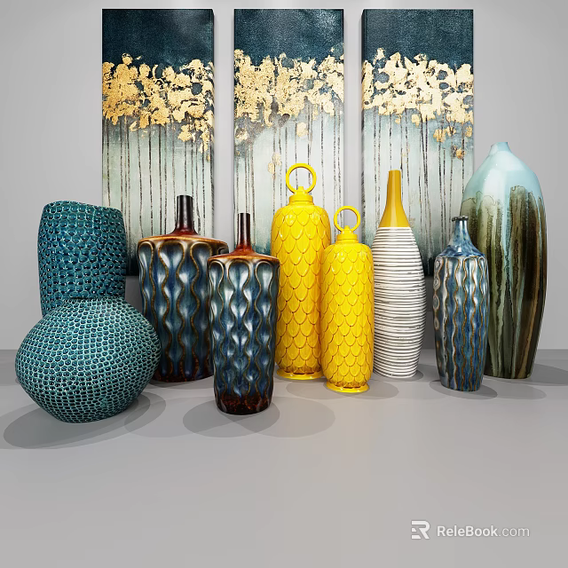 Decorative Ceramic Vessels With Blue Yellow Brown Tones And Textured Patterns Against Gold Leaf Artworks 3d model 