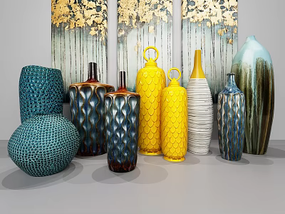 Decorative Ceramic Vessels With Blue Yellow Brown Tones And Textured Patterns Against Gold Leaf Artworks 3d model