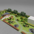 Courtyard Garden Featuring Traditional Chinese Pavilion Stone Steps Colorful Flowers Green Trees And Blue Sky
