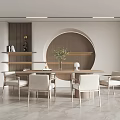 Elegant Modern Restaurant Interior With Circular Wooden Accent Beige Chairs And Dining Table