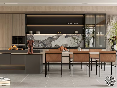 Modern Restaurant Interior With Marble Island Countertop Wooden Cabinets Dining Table And Decorative Plants 3d model
