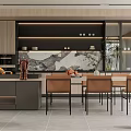 Modern Restaurant Interior With Marble Island Countertop Wooden Cabinets Dining Table And Decorative Plants