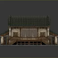 Traditional Chinese Clothing Display In Courtyard With Wooden Structure And Green Roofs