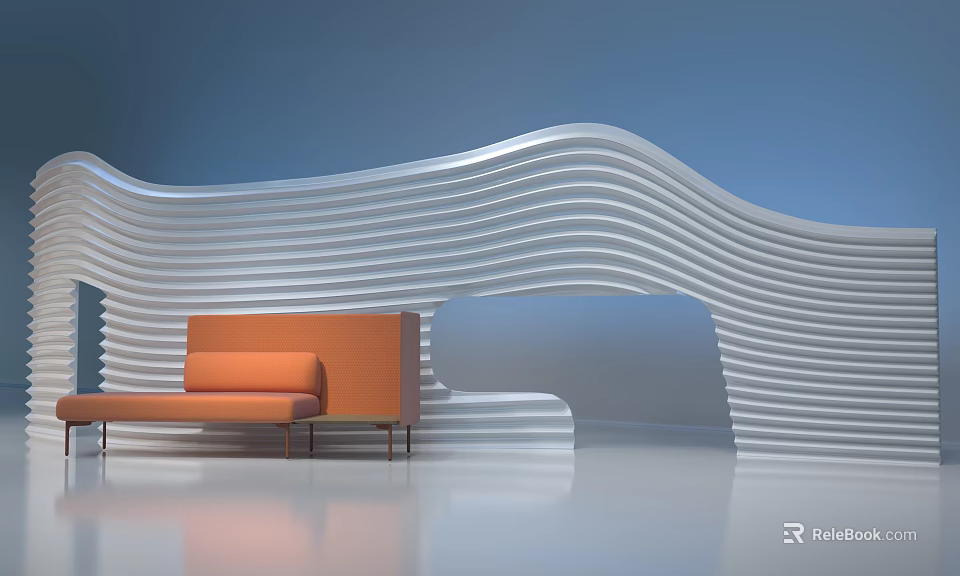 Modern White Wavy Textured Wall Design With Orange Sofa And Blue Background 3d model