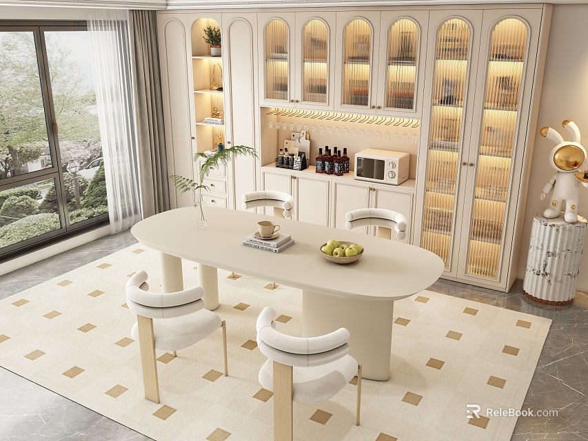 Modern Dining Table Set With White Chairs And Glass Door Sideboard Cabinet 3d model 