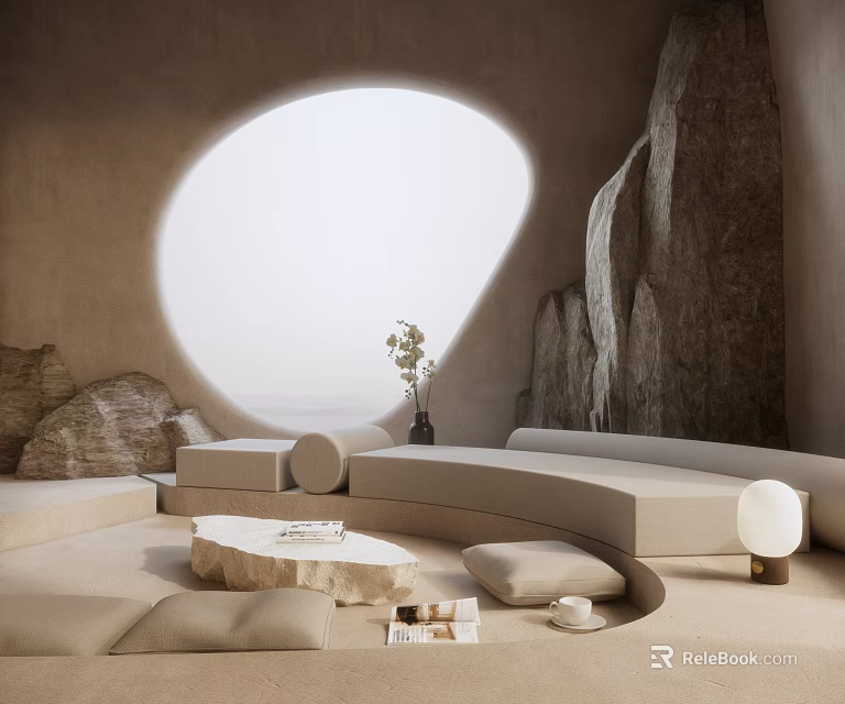 Natural Style Living Room With Circular Window Rock Wall Curved Sofa And Stone Coffee Table 3d model 