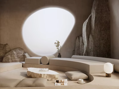Natural Style Living Room With Circular Window Rock Wall Curved Sofa And Stone Coffee Table 3d model