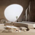 Natural Style Living Room With Circular Window Rock Wall Curved Sofa And Stone Coffee Table