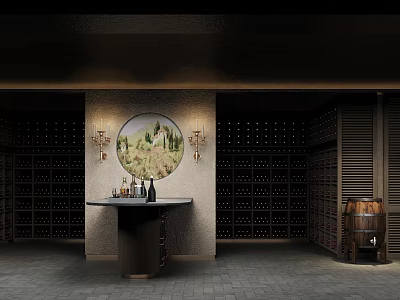 Elegant Wine Cellar Interior Design With Wooden Racks Round Painting Wall Sconces And Barrel 3d model