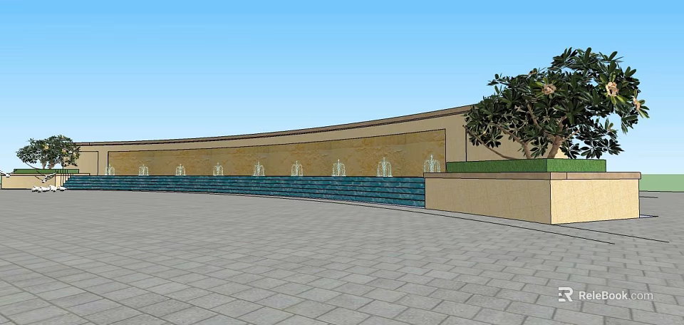 Curved Landscape Wall With Water Fountains Blue Pool And Tree Under Blue Sky 3d model 