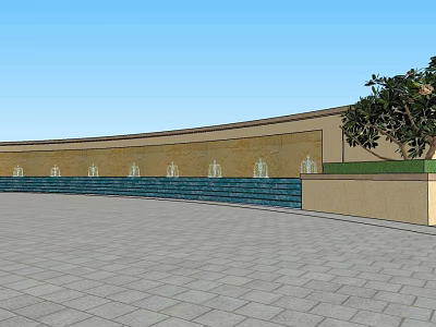 Curved Landscape Wall With Water Fountains Blue Pool And Tree Under Blue Sky 3d model