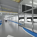 Modern Public Office Space With Glass Partitions Blue Flooring White Furniture And Ceiling Lighting