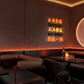 Rosemary Bar Interior With Pink Tiled Wall Brown Leather Booths And Cold Heat Neon Sign