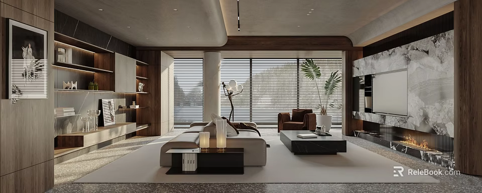 Modern Living Room Interior With Large Windows Sofa Floor Lamp And Plants 3d model 