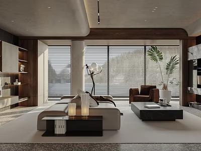 Modern Living Room Interior With Large Windows Sofa Floor Lamp And Plants 3d model