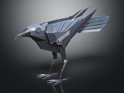 Mechanical Raven Metal Sculpture With Sharp Feathers And Metallic Legs 3d model