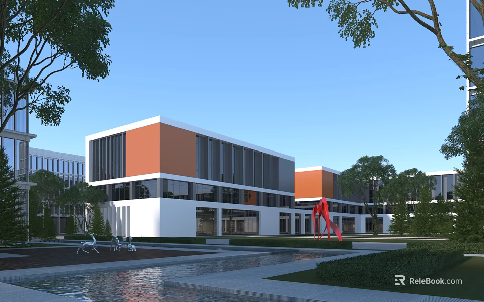 Modern Industrial Factory Building With Orange White Facade Glass Windows Green Surroundings And Red Sculpture 3d model 