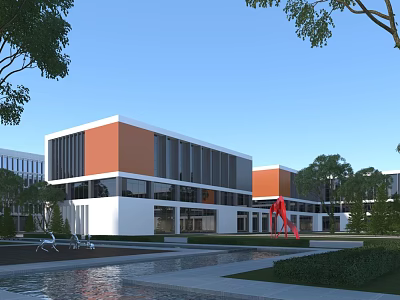 Modern Industrial Factory Building With Orange White Facade Glass Windows Green Surroundings And Red Sculpture 3d model