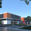 Modern Industrial Factory Building With Orange White Facade Glass Windows Green Surroundings And Red Sculpture