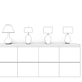 Four Modern Table Lamps on Wooden Cabinet with Drawers and White Black Shades