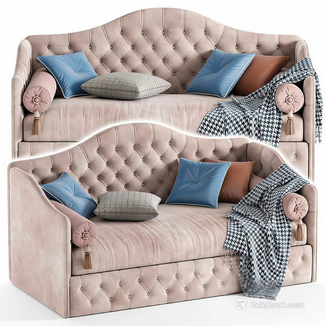 Light Pink Tufted Double Sofa With Decorative Buttons Tassels And Plaid Blanket Throw Pillows 3d model 