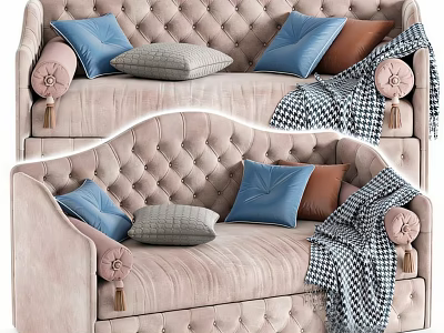 Light Pink Tufted Double Sofa With Decorative Buttons Tassels And Plaid Blanket Throw Pillows 3d model