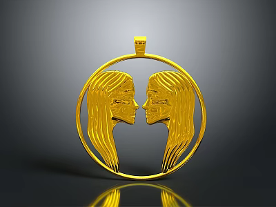 Golden Circular Pendant With Two Female Heads Facing Each Other And Flowing Hair Design 3d model