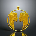 Golden Circular Pendant With Two Female Heads Facing Each Other And Flowing Hair Design