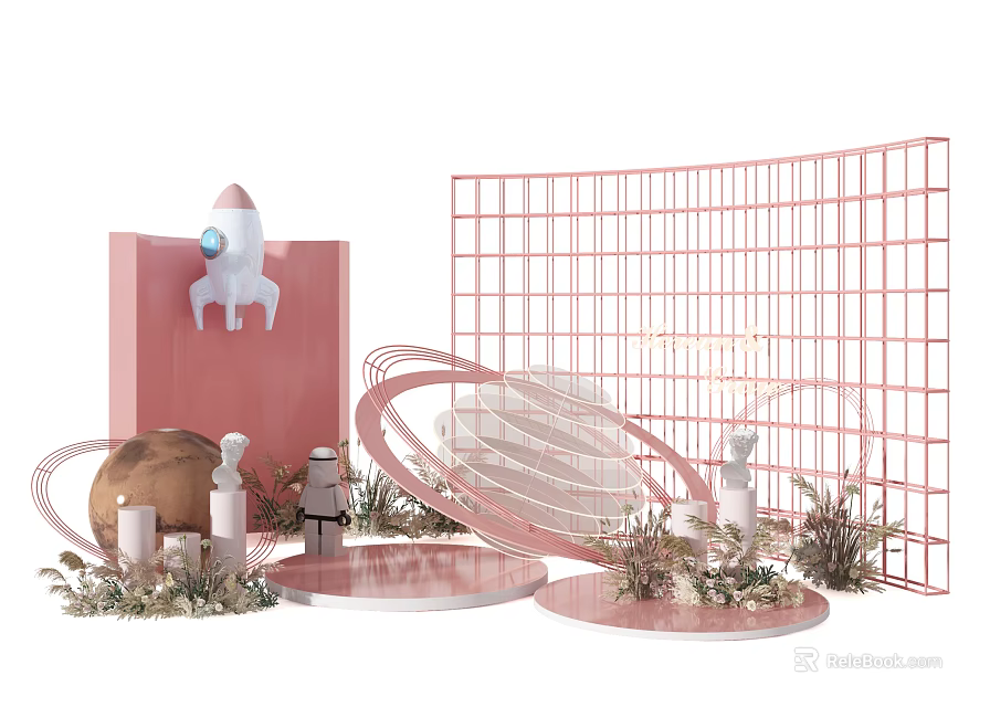 Creative Decorative Setup With Rocket Planet Model Pink Grid Backdrop And Green Plants 3d model 