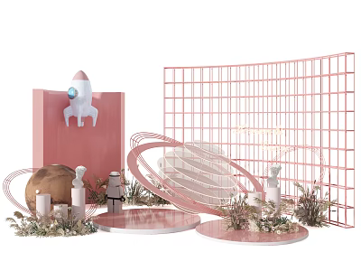 Creative Decorative Setup With Rocket Planet Model Pink Grid Backdrop And Green Plants 3d model
