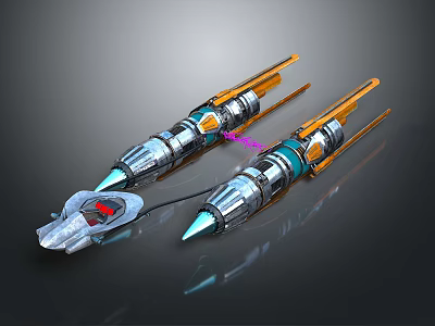 Futuristic Metallic Space Rockets With Orange Accents And Energy Link For Cosmic Travel 3d model
