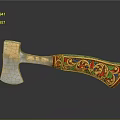 Traditional Decorative Axe With Sharp Metal Head And Colorful Patterned Handle