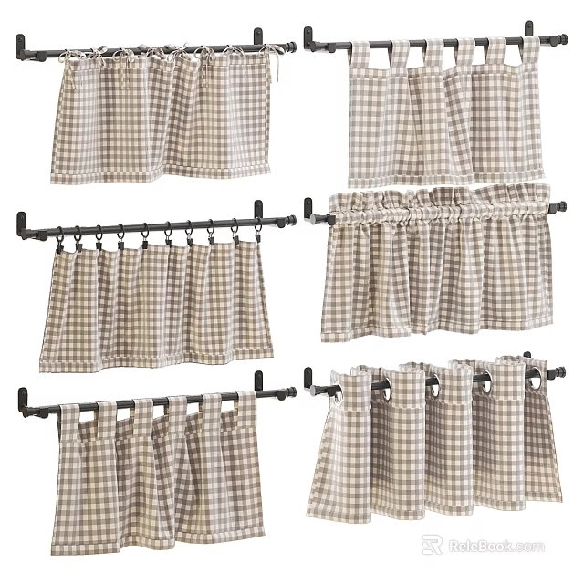 Checkered Curtains with Various Styles Hanging on Black Curtain Rods 3d model 