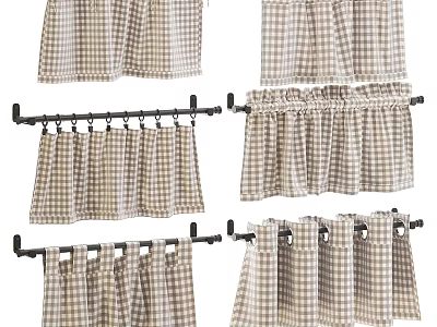 Checkered Curtains with Various Styles Hanging on Black Curtain Rods 3d model