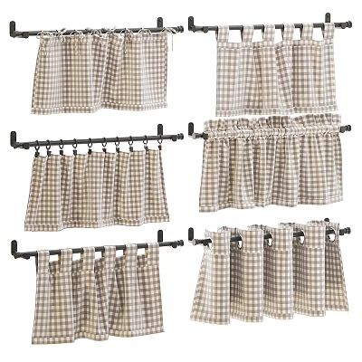 Checkered Curtains with Various Styles Hanging on Black Curtain Rods 3d model