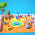 Cartoon Play Area With Teddy Bear Baby Crib Rainbow Rug Small Furniture And Colorful Ball